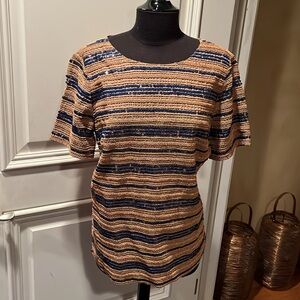 Tory Burch Striped Short Sleeve Top Navy and Beige sequencer and beads